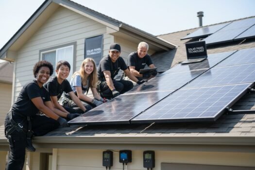 family installing solar panels